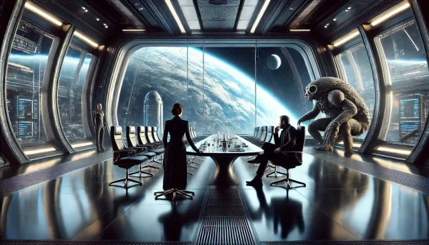 A massive glass-walled conference room aboard a futuristic spaceship. A woman in a black dress and a towering crab-like humanoid sit at a sleek table. Outside the window, Earth and the Moon hover in the distance, while a mysterious agent leans back in his chair, watching their reaction.