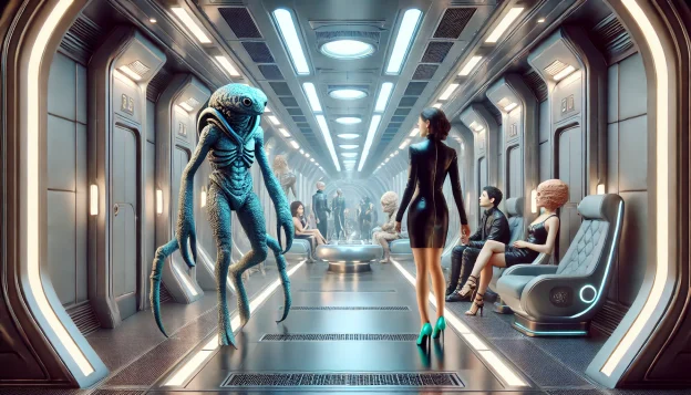 A futuristic spaceship corridor lined with sleek metallic doors, illuminated by soft blue lights. A woman in a black dress and turquoise heels walks hand in hand with a towering crab-like humanoid. Nearby, a group of diverse aliens and humans converse in a lounge, watching them with curiosity.