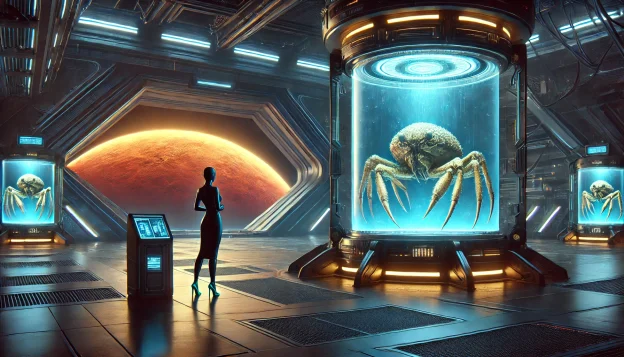 A futuristic spaceship hangar bathed in dim blue and orange lighting. A massive stasis pod glows as a towering crab-like humanoid is frozen inside. Nearby, a woman in a sleek black dress and turquoise heels clutches a futuristic ID card, gazing out a large window at a distant, reddish-brown planet.