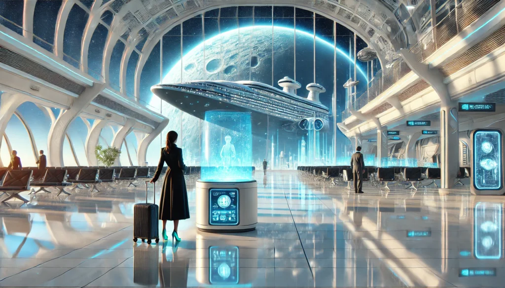 A grand space terminal with gleaming white floors and panoramic windows overlooking a massive cruise-like starship hovering above the moon. A woman in a sleek black dress and turquoise heels stands near a holographic kiosk, her luggage beside her. A moment before she vanishes, a man in a long coat watches knowingly.